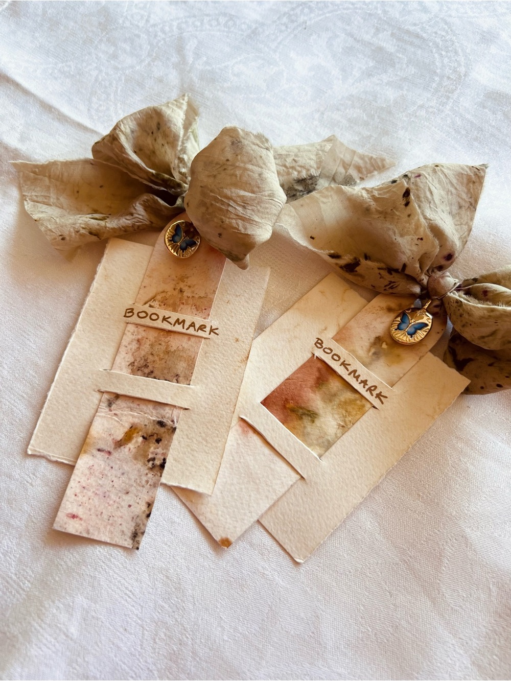 Handmade Botanical Paper Bookmarks with Decorative Ribbon